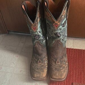 Dan Post Brown Leather Western Boots with Teal Embroidered Shaft